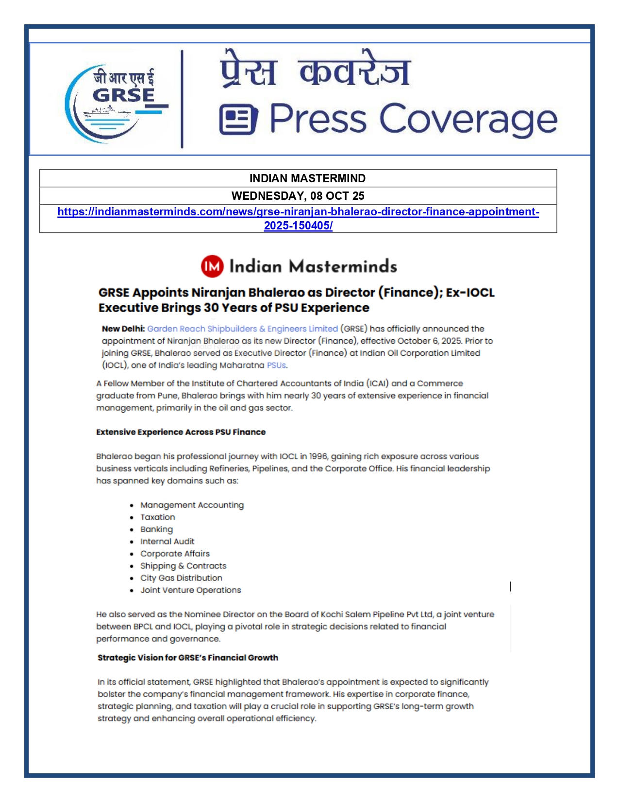 Press Coverage : 08 Oct 25:Shri Niranjan Bhalerao takes over as Director (Finance) of Garden Reach Shipbuilders & Engineers Ltd. (GRSE) 